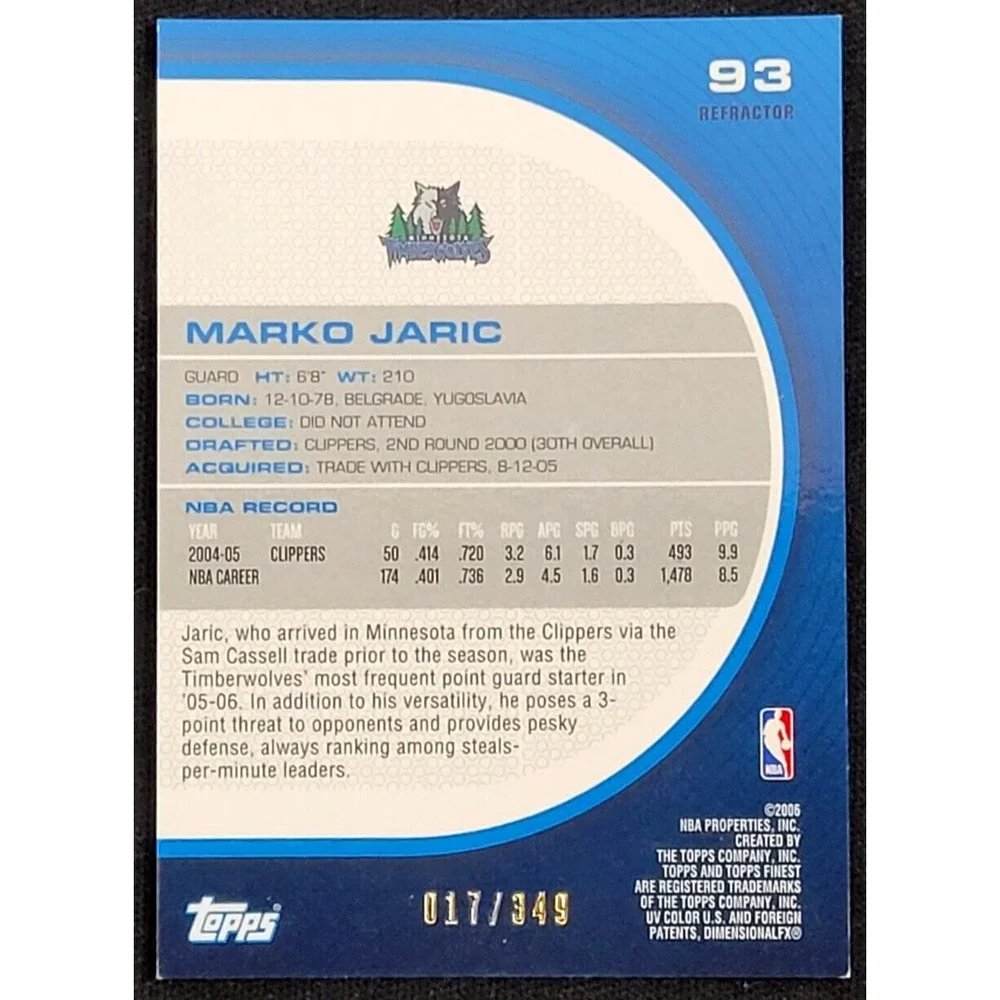 2005-06 TOPPS‎ FINEST MARKO JARIC  REFRACTOR #D 17/349